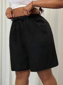 SHEIN PETITE CURVE Plus Size Women's Black Drawstring Waist Pockets Casual Country Linen Shorts Summer Shorts For Women Spring Outfits For Women Vacation Outfits Woman