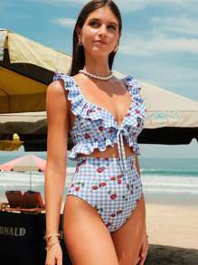 Swim Mod Summer Vacation Sexy Random Print Ruffled Hollow Backless One-Piece Swimsuit For Women