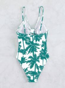 Swim Lushoire Women's Vacation Palm Tree Front Twist Cutout Design Sexy Spaghetti Strap One Piece Swimsuit For Summer