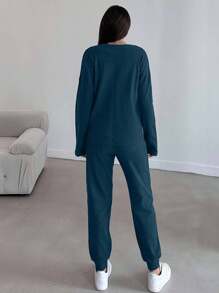 EURMUSE 2 pièces Ensemble top à manches longues lâches et pantalon de couleur unie décontracté pour femmes, printemps/automne - Vert sapin - Voir 2