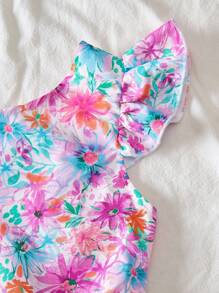 SHEIN 女童花卉印花度假蝴蝶结后背盖袖高腰连衣裙 - 玫紅色 - 查看 3