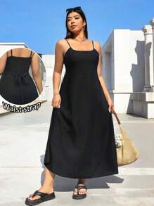 SHEIN EZwear Đầm dài chữ A dây mảnh màu đen cỡ lớn - màu đen - Xem 1