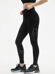 Gameset SHEIN Sport Quần legging thể thao cạp cao khoét lỗ màu trơn thường ngày cho nữ - màu đen - Xem 4