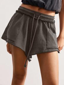 Bohemela Casual Knitted Solid Color Drawstring Waist Women Shorts - Brown - View 7