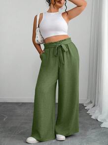 SHEIN PETITE CURVE 大码纯色休闲裤，夏季时尚 - 軍綠色 - 查看 4