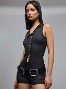 SHEIN Unity Mono de mujer con capucha, de color liso, con diseño hueco y cordones, de estilo sexy - Negro - Ver 4
