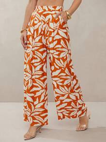 L'Amorae 女式热带印花亚麻褶裥夏季长裤