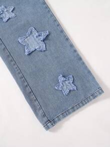 Y2K 街头风格休闲宽松破洞星星贴片弹力腰牛仔裤，适合少女穿着 - 藍色 - 查看 3