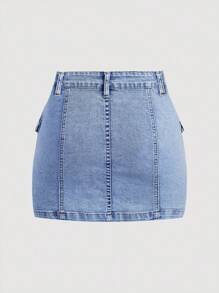 SHEIN MOD 女式夏季休闲翻领口袋紧身牛仔裙 - 中等水洗藍 - 查看 2