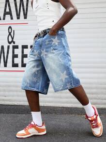 ROMWE MEN Street Life Shorts in jeans casual e ampi con stampa a pentagono sulla tasca, da uomo - Blu - Visualizzare 5