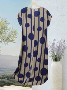 Rusticease 女士休闲宽松V领短袖中长连衣裙，日常穿着 - 藍色 - 查看 2