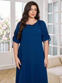SHEIN Lacomfia Plus Size Solid Color Simple Casual Elegant Tie Cuff Mini Dress