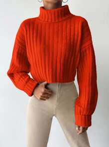 EURMUSE Women Solid Color High Collar Drop Shoulder Ribbed Knit Cropped Casual Sweater,Jumper,Cream Jumper,Jumpers,Black Jumper,Womens Jumper,White Jumper,Women's Jumper,Women's Jumpers,Winter Clothes - Orange - View 3