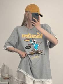 DAZY T-shirt ample pour femmes avec motif de dentelle contrastée imprimé, t-shirts graphiques, enseignante - Gris - Voir 6
