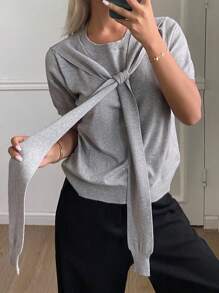 Livesso Women's 2 In 1 Tie-Waist Patchwork Short Sleeve Round Neck Short Knit Sweater, Casual & Chic