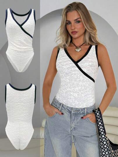 Roylia Body de mujer de nueva moda, sexy, con textura de tela, con pliegues y escote en V de patchwork