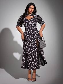 Viva Relle Vestido elegante de vacaciones con mangas abullonadas y bajo con abertura, talla grande