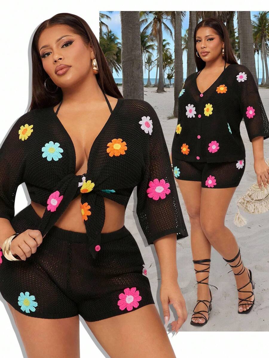 SHEIN SXY Plus Size Women's Sexy Daily Basic Casual Vacation 2pcs/Set With 3D Colorful Flower Crochet V-Neck Short Sleeve Sheer Cardigan Top And Matching Shorts Plus Size Two Piece Summer Two Piece Set Plus Plus Size Crochet Two Piece Set Plus Size Floral Two Piece Set - Black - View 1