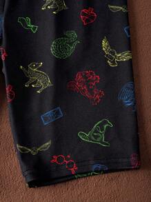 HARRY POTTER X SHEIN 青少年男孩夏季休闲老鹰、蛇彩色印花黑色 T 恤和宽松短裤两件套睡衣套装 - 彩色 - 查看 6