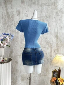 Attitoon Women's Summer Casual Pocketed Mini Denim Skirt,Y2k Jeans Skirt,Vintage Denim Skirt,Low Rise Jeans Skirt,Women's Blue Denim Skirt Sexy Miniskirt Summer Retro Skirt Cowgirl, Back To School - Dark Wash - View 3