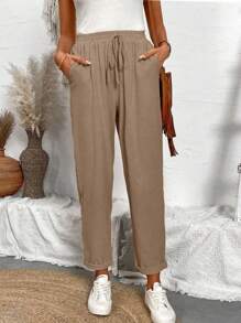 Calvaya Solid Color Elastic Waistband Tapered Pants With Diagonal Pockets And Tie Belt For Casual And Versatile Look,Ladies Spring/Fall Casual Drawstring,Pocket Natural Jogger Cropped Khaki Regular Fit Women Pants,Casual Daily Wear
