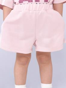 SUMWON طقم تي شيرت أكمام قصيرة مشترك مع شارة والأرقام الجامعية، قطعة صيفية ناعمة كاجوال مريحة تي شيرت وشورت، طقم أساسي للموضة للفتيات - وردي - مشاهدة 5