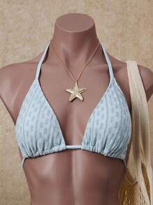 SHEIN Swim 女款純色掛脖綁帶性感比基尼泳衣套裝，夏季海灘 - 淺藍色 - 查看 5