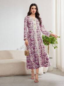 Al Najma 女式花卉印花拼接丝带长袖阿拉伯连衣裙 - 彩色 - 查看 6