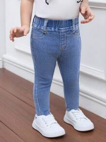 SHEIN Baby Girls Blue Tight, Elastic, Casual Comfortable And Simple Jeans,Fall Casual And Comfortable Wear - Light Wash - View 4