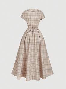 SHEIN MOD Collared Plaid Pattern Mid-Length Dress For Women,Back To School,Turndown Collar, Button Front And Waist Cinched,Retro,Vintage,Vacation,Country Concert Outfit,Concert Outfit Women,Boho,Brunch Outfits For Women,Office Outfits For Women,Tea Party Dress,Work Clothes Women
