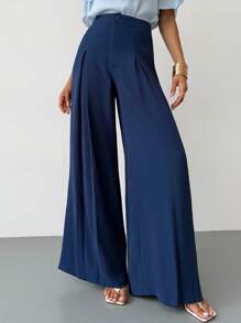 Firerie 女士新款简约优雅日常休闲百搭高腰褶皱设计宽松阔腿裤，适合夏季、办公室穿着、秋季女士、返校、女士办公室、办公室、机场、旅行机场、外出 - 藏蓝色 - 查看 5
