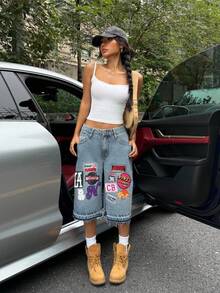 SHEIN ICON Quần short denim thêu họa tiết thường ngày cho nữ - Màu xanh lam - Xem 5