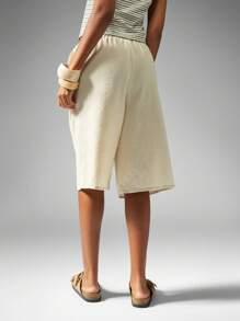 MISSGUIDED 亚麻质感阔腿百慕大短裤，抽绳腰带，夏季海滩休闲度假装，长款步行旅行裤，休闲度假裤 - 杏色 - 查看 2