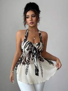 SHEIN LUNE Top sans manches en chiffon et dentelle à bretelles fines pour femme, décolleté dans le dos, taille froncée, casual, imprimé, couleur abricot, pour vacances