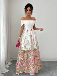 Elenzga Đầm dài lưới hoa trễ vai thanh lịch cho nữ, phong cách nghỉ dưỡng thường ngày, mặc hàng ngày - Nhiều màu - Xem 6