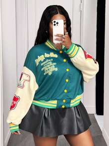 Slaydiva Spring & Autumn 2025 New Street Casual & Daily Casual & College Style Green & Beige Contrast Color Loose 24 Number & Slogan Print Long Sleeve Front Open Women Plus Size Short Jacket Winter Fall