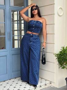 SHEIN ICON Blusa de mezclilla de ganchillo versátil y casual de moda - Azul lavado oscuro - Ver 6