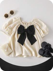 SHEIN Young Girl Woven Plain Round Neck Ruffle Bow Blouse - Apricot - View 7