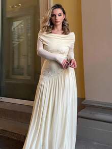 Jeta Ari 全新露肩长袖拼色网眼刺绣不对称下摆拼接弹力修身连衣裙 - 杏色 - 查看 6