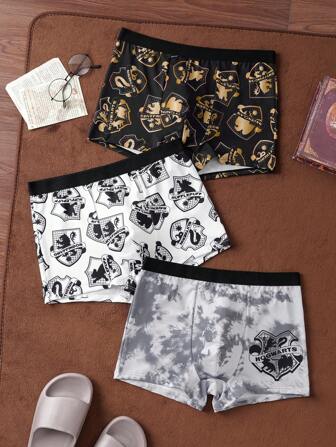 HARRY POTTER X SHEIN 男式3件装舒适柔软学院徽章印花平角内裤