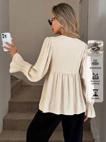 Easowa 女士亚麻休闲宽松衬衫，纽扣半襟，荷叶边下摆，复古风格冬季老式风格办公室外出上衣，休闲秋季商务休闲老式风格女士机场商务休闲灯笼袖端庄娃娃衫 - 杏色 - 查看 2