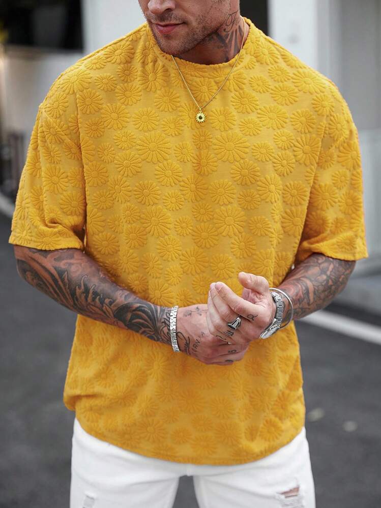 Manfinity Homme Men's Orange Floral Jacquard Short Sleeve T-Shirt, Textured Toweling Fabric - Yellow - View 5