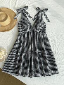 Comfortcana Plus Size Women V-Neck Black And White Plaid Tie Front Casual Dress For Vacation,Babydoll,Fall,Country Concert Outfit,Rave,Business Casual,Office Outfits,Work,Teacher,Back To School