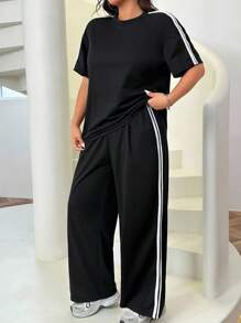 SHEIN EZwear 大码女装夏季休闲运动撞色条纹侧边短袖T恤和宽松阔腿裤套装 - 黑色 - 查看 5