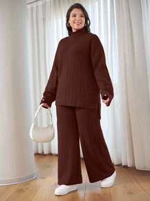 EURMUSE OLUS SIZE HIGH NECK CASUAL SWEATER CORDS - Brown - View 3