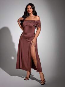 Viva Relle Plus Size Sexy Off-The-Shoulder Dress - Chocolate Brown - View 5