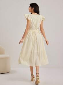 Modelyn Women's Floral Decor Sweetheart Neck Ruffle Detail Elegant A-Line Dress - Apricot - View 2
