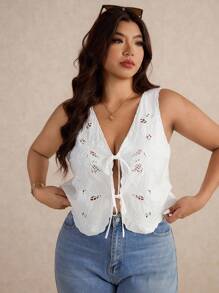 Elaquor Plus Size Women Embroidered V-Neck Cardigan Cami Tank Top, Casual Versatile Vacation Wear,Going Out Tops - White - View 4