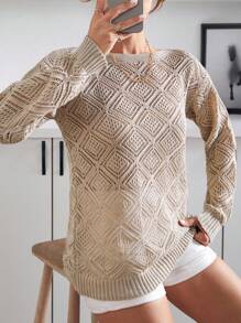 EURMUSE Women's Casual Beige Knit Top With Boat Neck And Long Sleeves, Featuring A Stylish Hollow Out Patterned Design For Everyday Wear.,Jumper,Cream Jumper,Jumpers,Black Jumper,Womens Jumper,White Jumper,Women's Jumper,Women's Jumpers,Winter Clothes - Beige - View 6