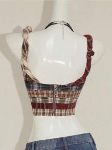 SHEIN ICON Women's Multi-Color Plaid Patchwork Tie Knot Strap Tank Top Plaid Top Plaid Set Scarf Top Buckle Top Aesthetic Tops - Multicolor - View 2